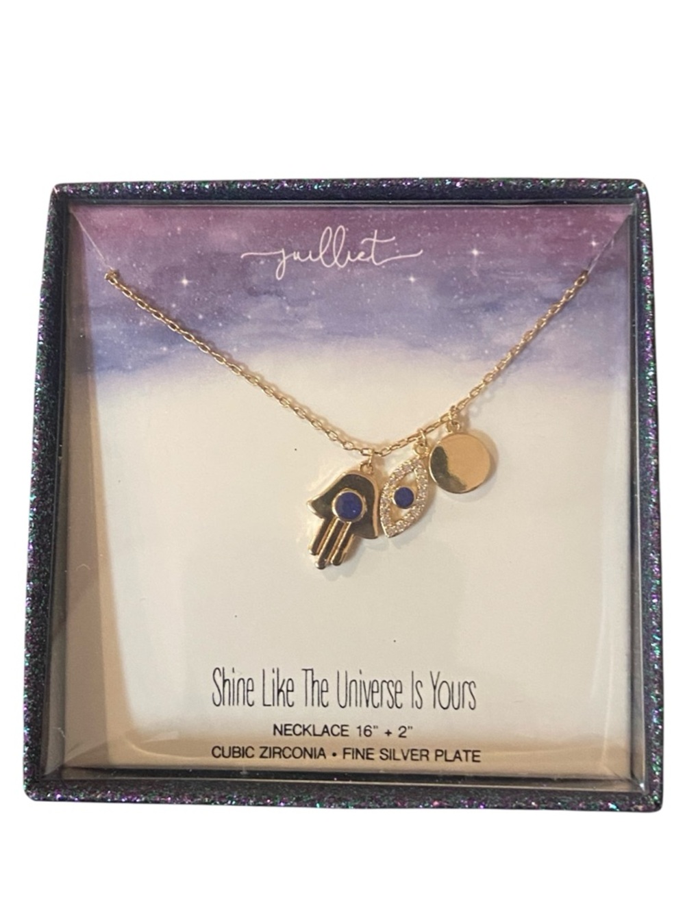 Juilliet Shine Like The Universe is Yours Gokd tone Hamza Evil Eye Necklace NWT